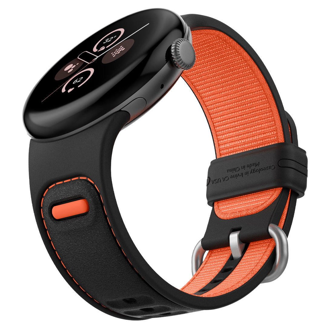 AMP07620 - Pixel Watch 3 (45mm) Athlex Band in Active Orange showing an angled view of the band