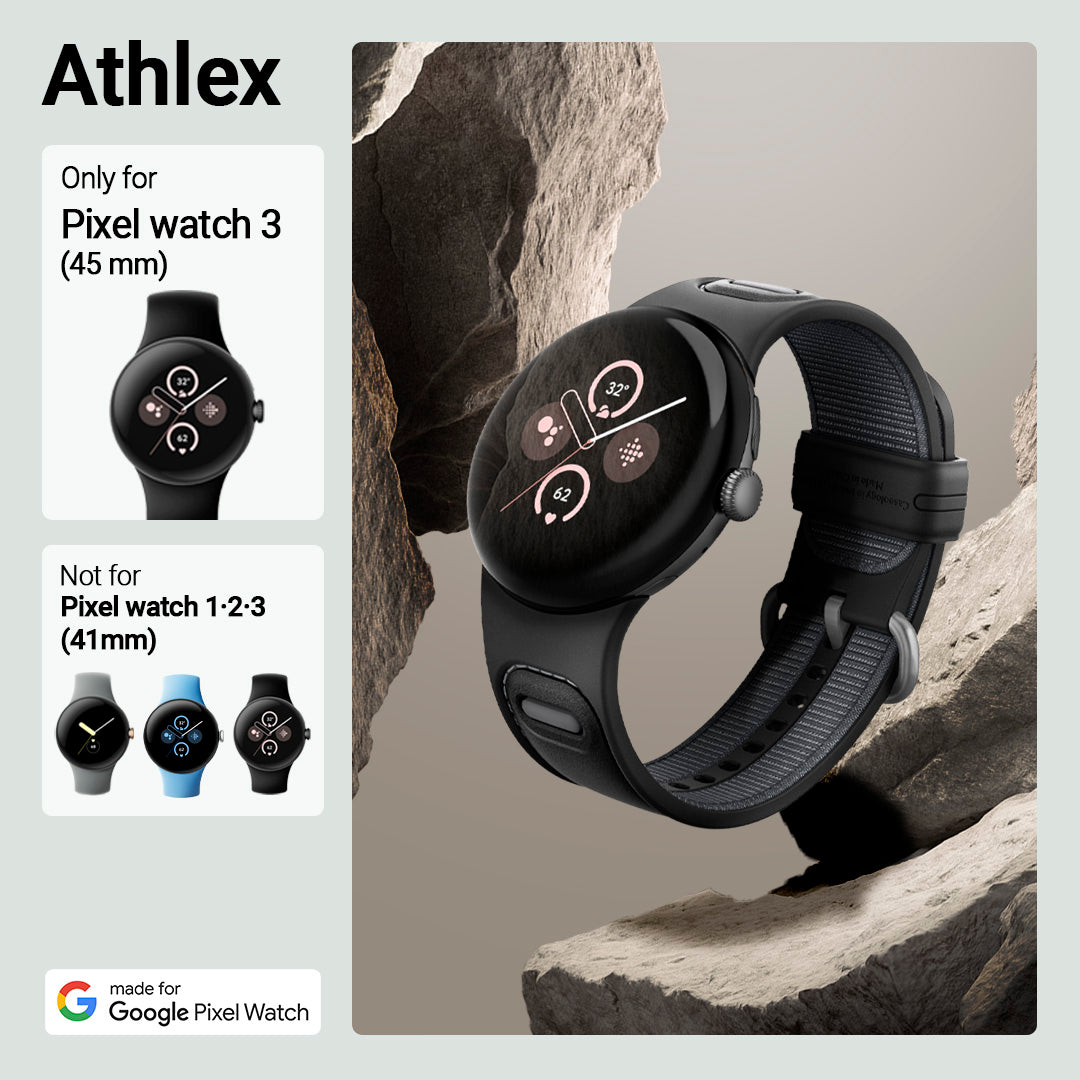 AMP07621 - Pixel Watch 3 (45mm) Athlex Band in Active Black showing the compatibility with the Pixel Watch 3 (45mm) and not compatible with 1-2-3 (41mm)