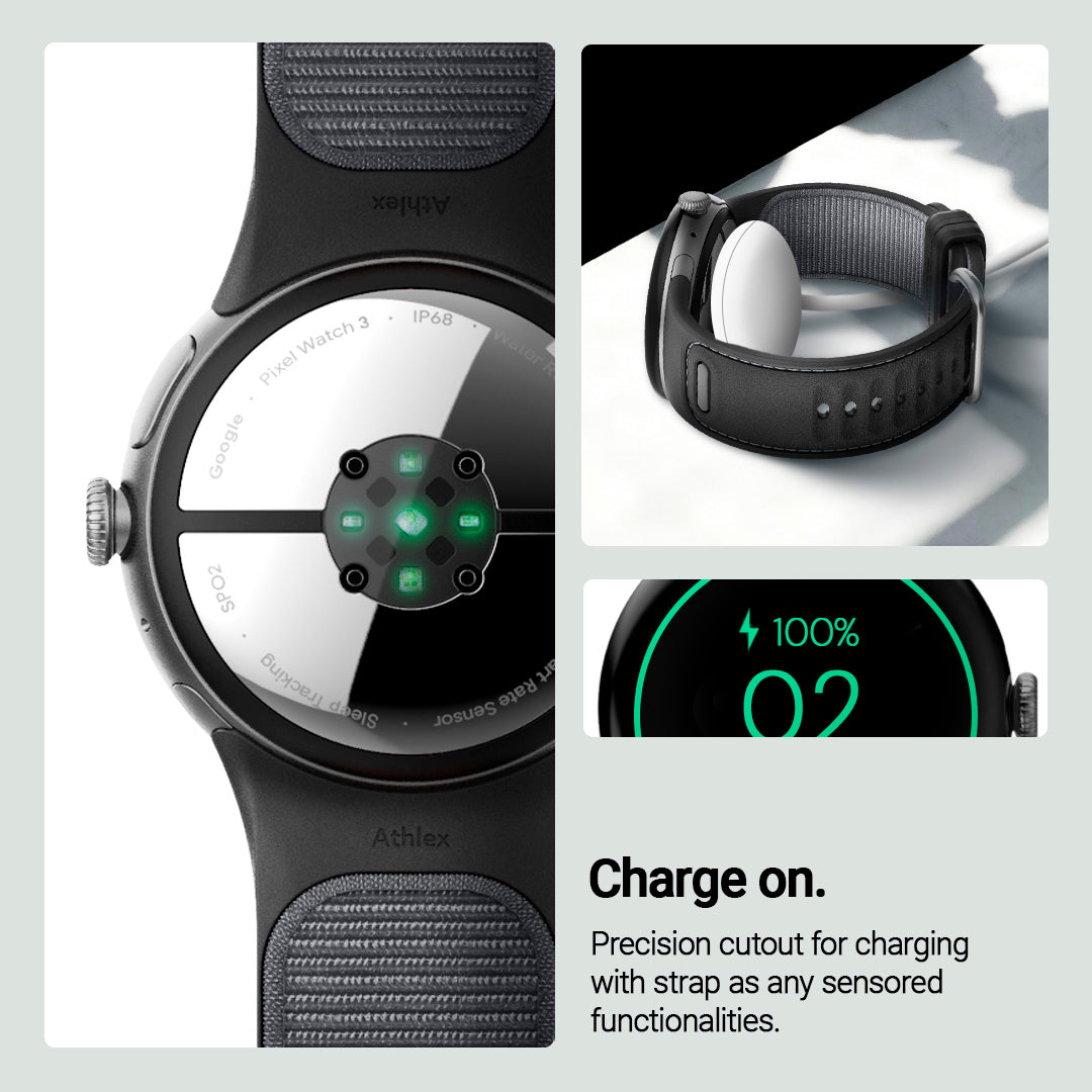 AMP07621 - Pixel Watch 3 (45mm) Athlex Band in Active Black showing the precision cutout for charging