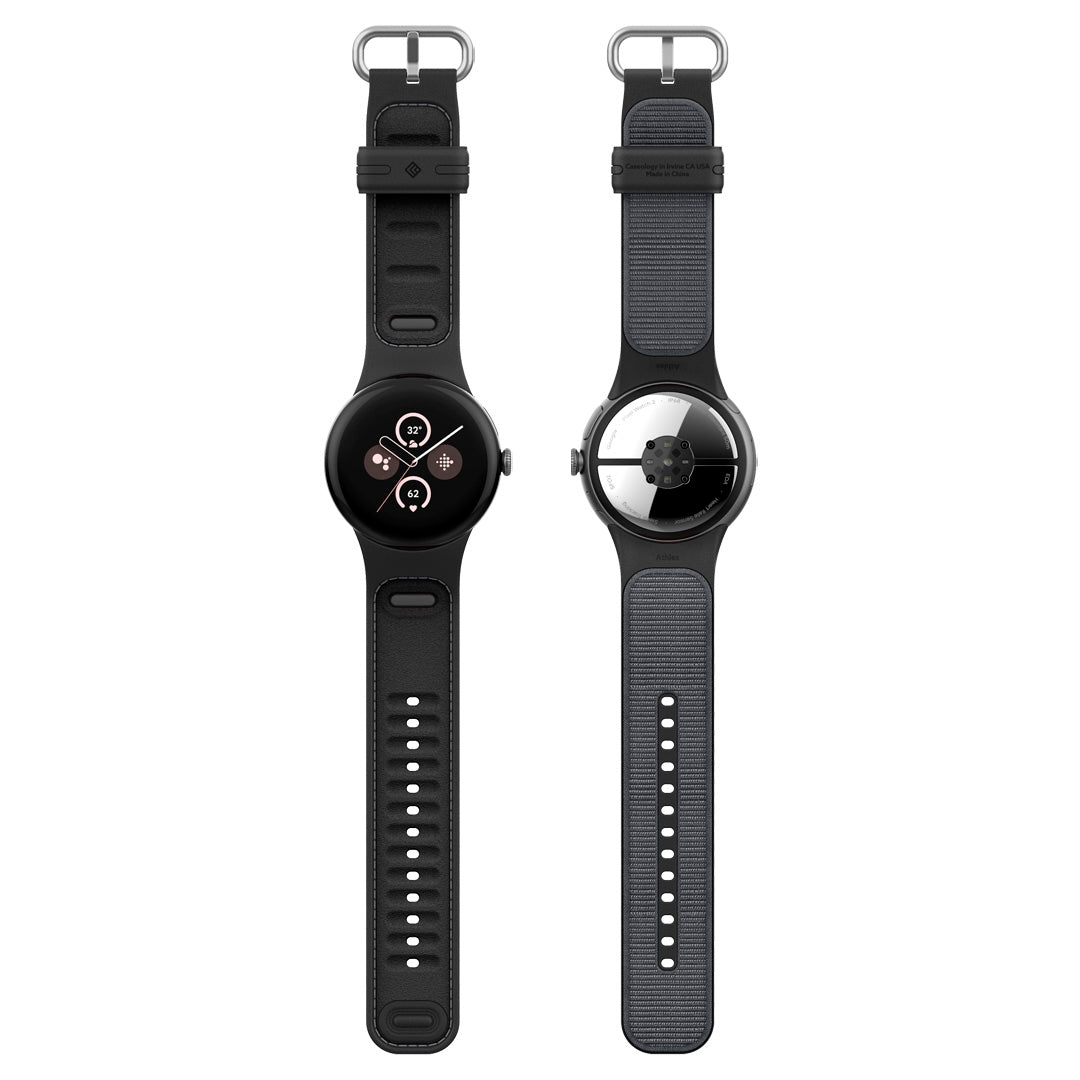 AMP07621 - Pixel Watch 3 (45mm) Athlex Band in Active Black showing the front and back of the band