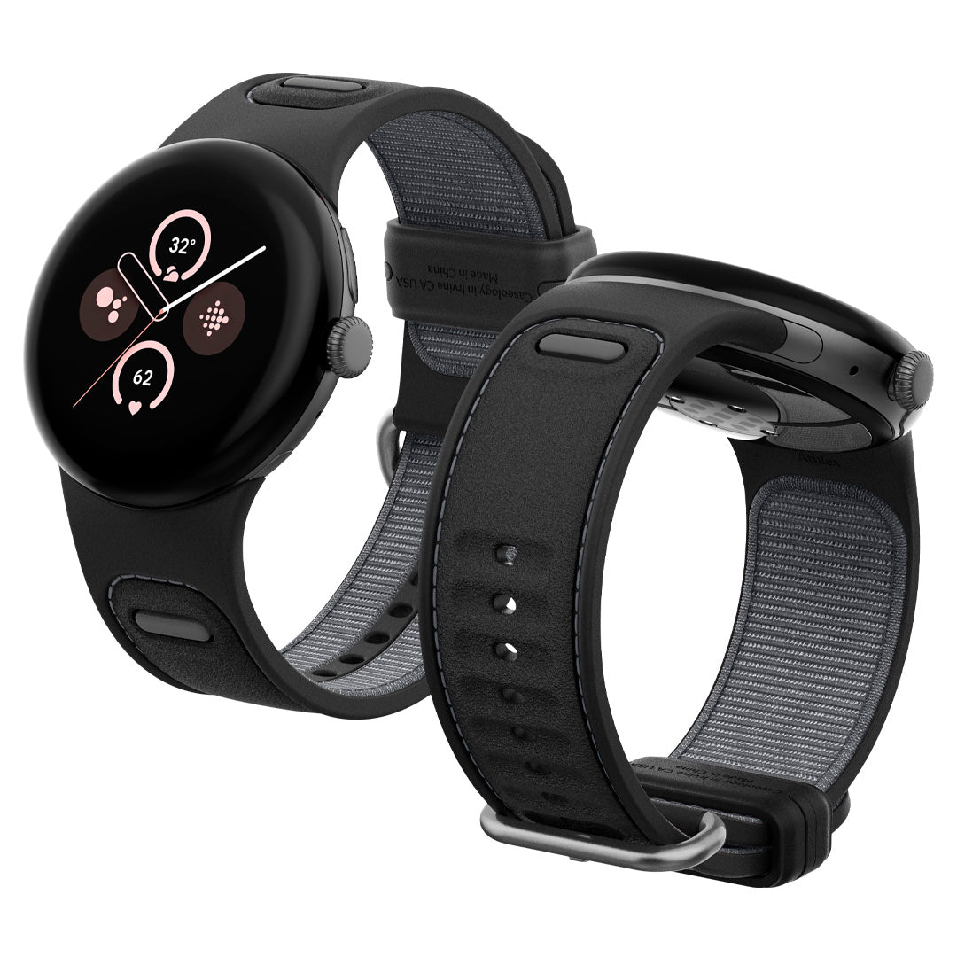 AMP07621 - Pixel Watch 3 (45mm) Athlex Band in Active Black showing the front, partial sides and partial inner and bottom of 2 watches