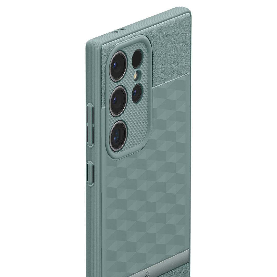 ACS07319 - Galaxy S24 Ultra Case Parallax in Sage Green showing the back and partial side zoomed in