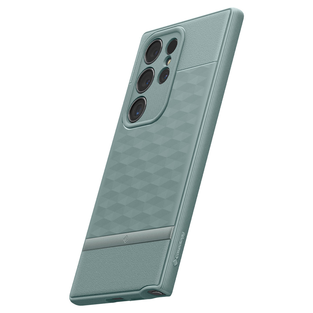 ACS07319 - Galaxy S24 Ultra Case Parallax in Sage Green showing the back, partial side and bottom