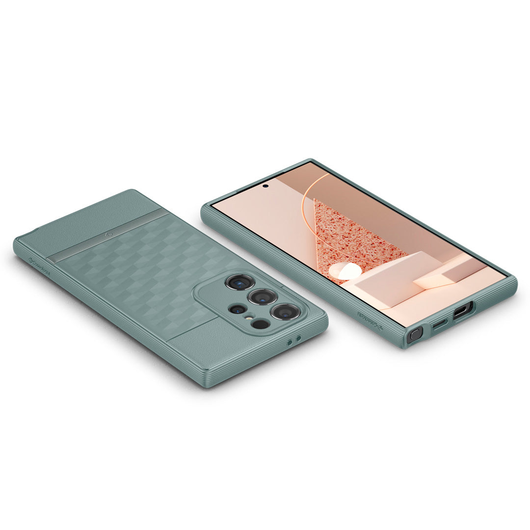 ACS07319 - Galaxy S24 Ultra Case Parallax in Sage Green showing the front and back on flat surface