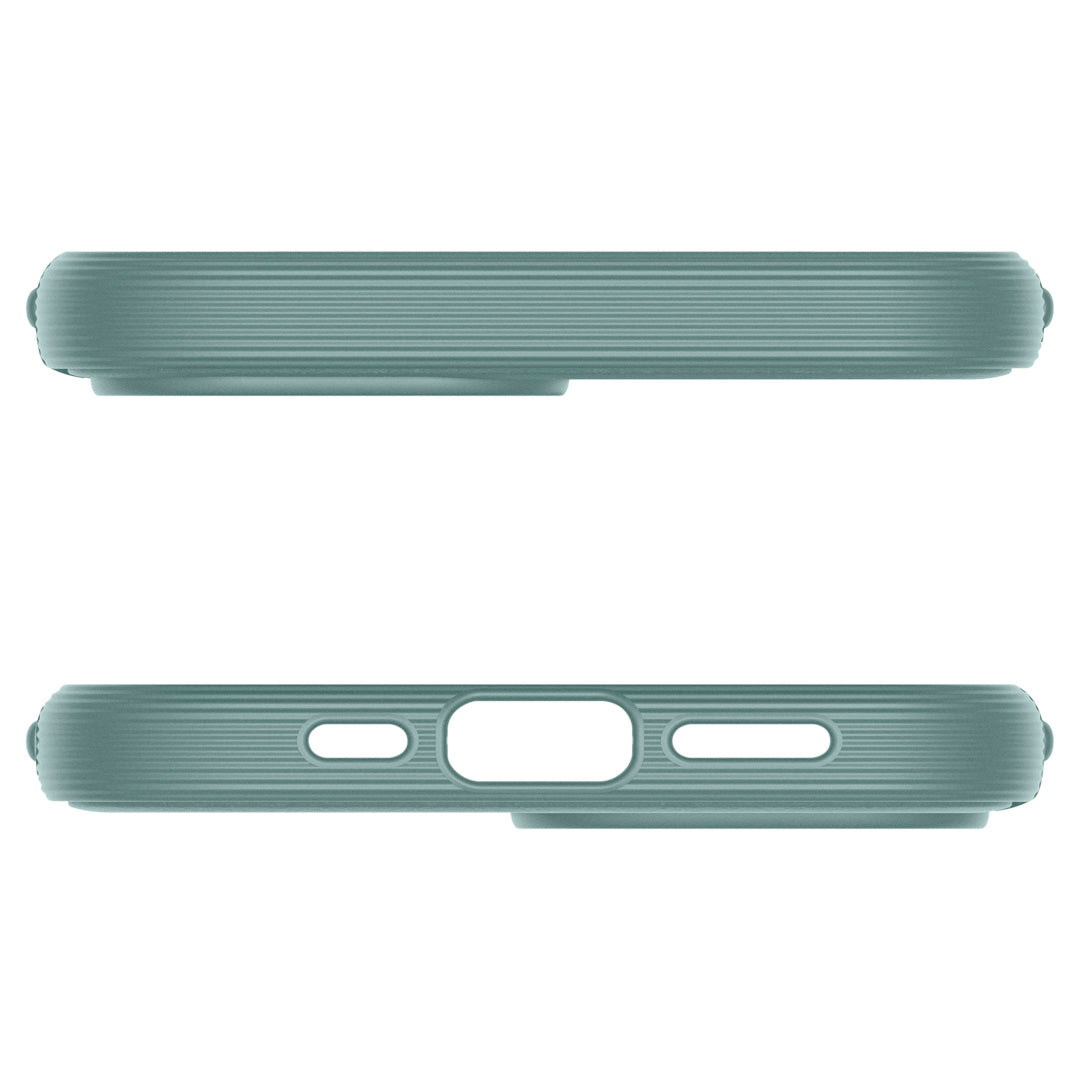 ACS08233 - iPhone 16 Parallax Mag in Sage Green showing the top and bottom ports of the case