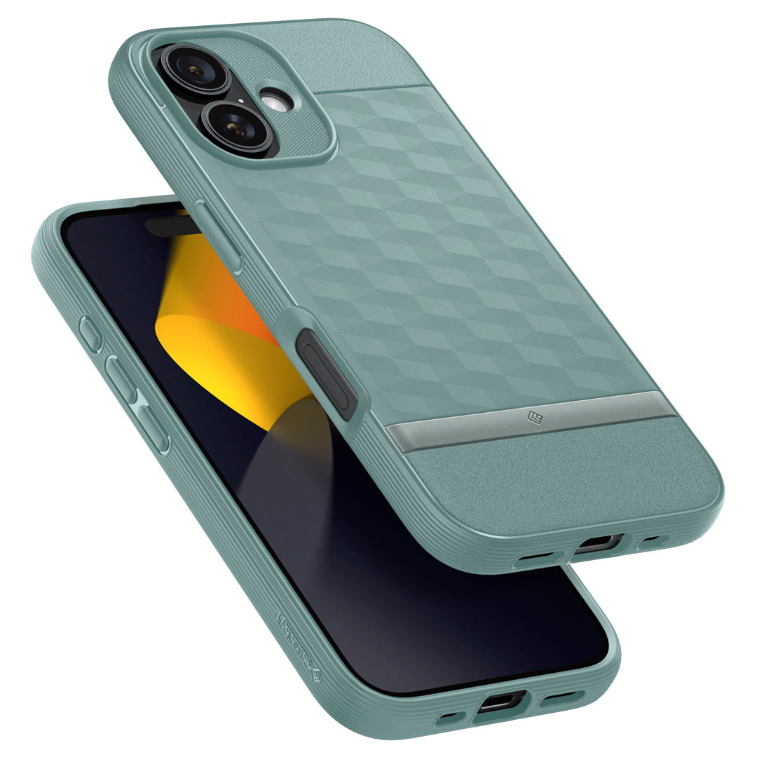 ACS08233 - iPhone 16 Parallax Mag in Sage Green showing the front and back of the case