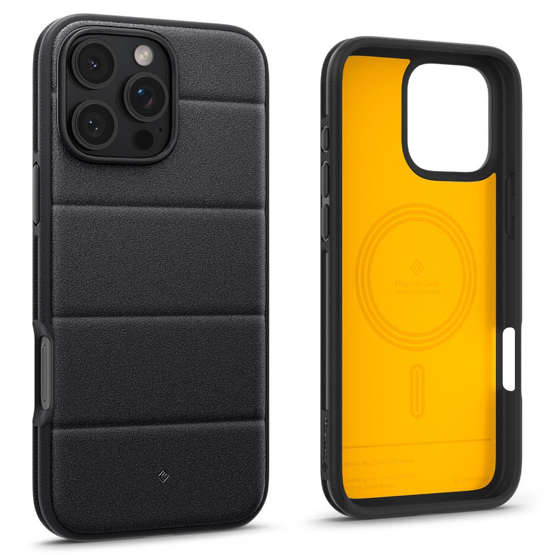 ACS08176 - iPhone 16 Pro Athlex Mag in Active Black showing the back and front of the case