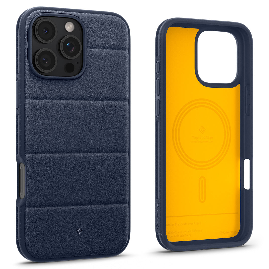 ACS08177 - iPhone 16 Pro Athlex Mag in Active Navy showing the back and front of the case