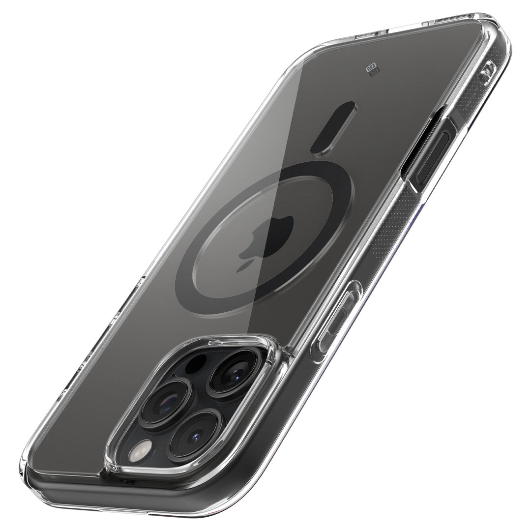 ACS08183 - iPhone 16 Pro Capella Mag in Clear Charcoal showing an angled view of the back of the case