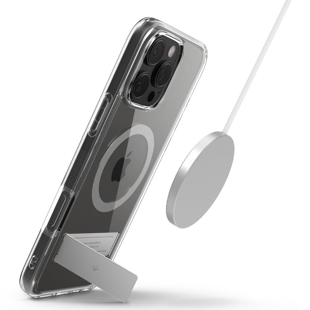 ACS08185 - iPhone 16 Pro Capella Mag Kickstand in Clear Gray showing the kickstand use and Mag compatibility of the case