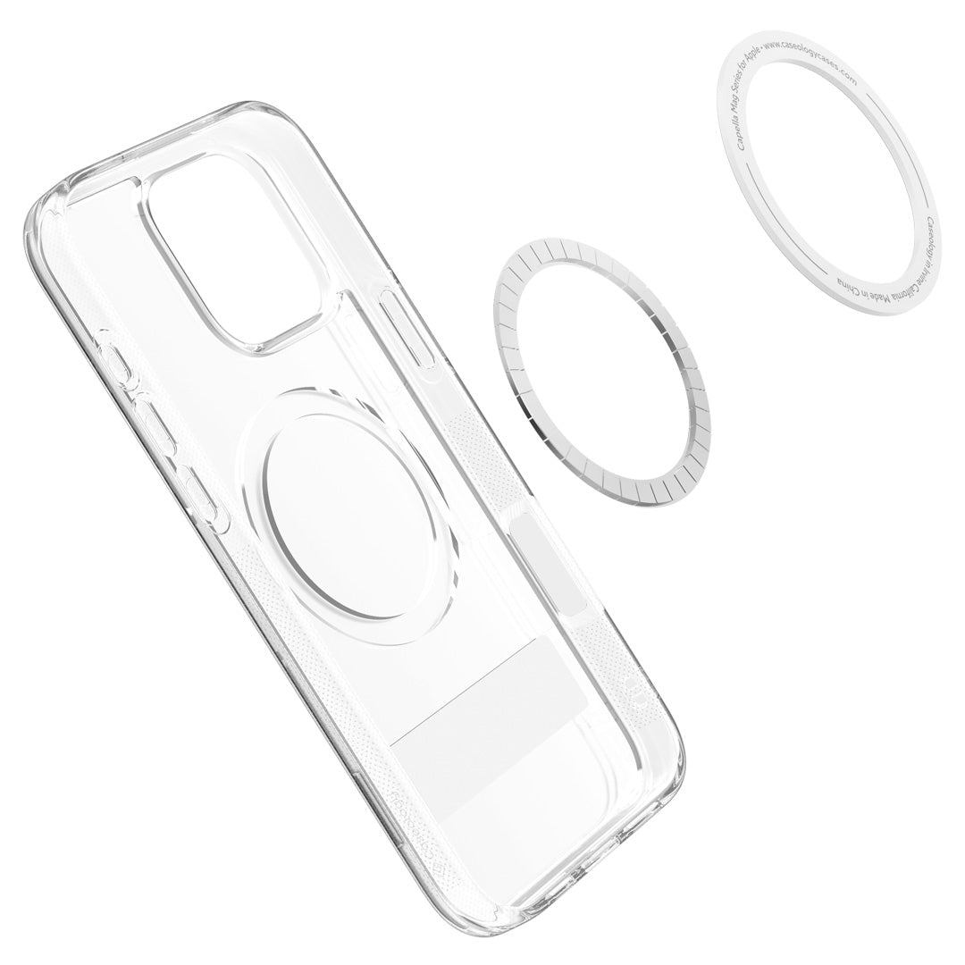 ACS08185 - iPhone 16 Pro Capella Mag Kickstand in Clear Gray showing the Mag layers of the case