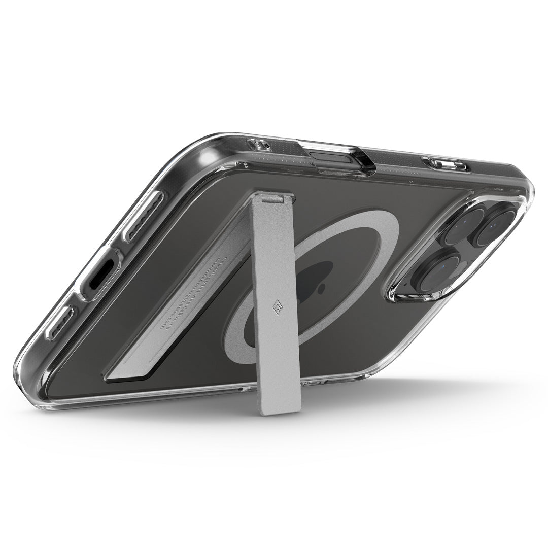 ACS08185 - iPhone 16 Pro Capella Mag Kickstand in Clear Gray showing the back of the case on the kickstand