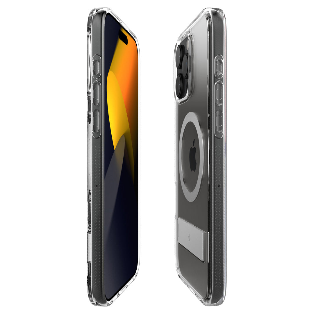 ACS08185 - iPhone 16 Pro Capella Mag Kickstand in Clear Gray showing the side view of the case