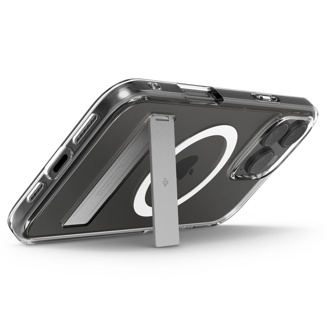 ACS08184 - iPhone 16 Pro Capella Mag Kickstand in Clear White showing the case using the kickstand