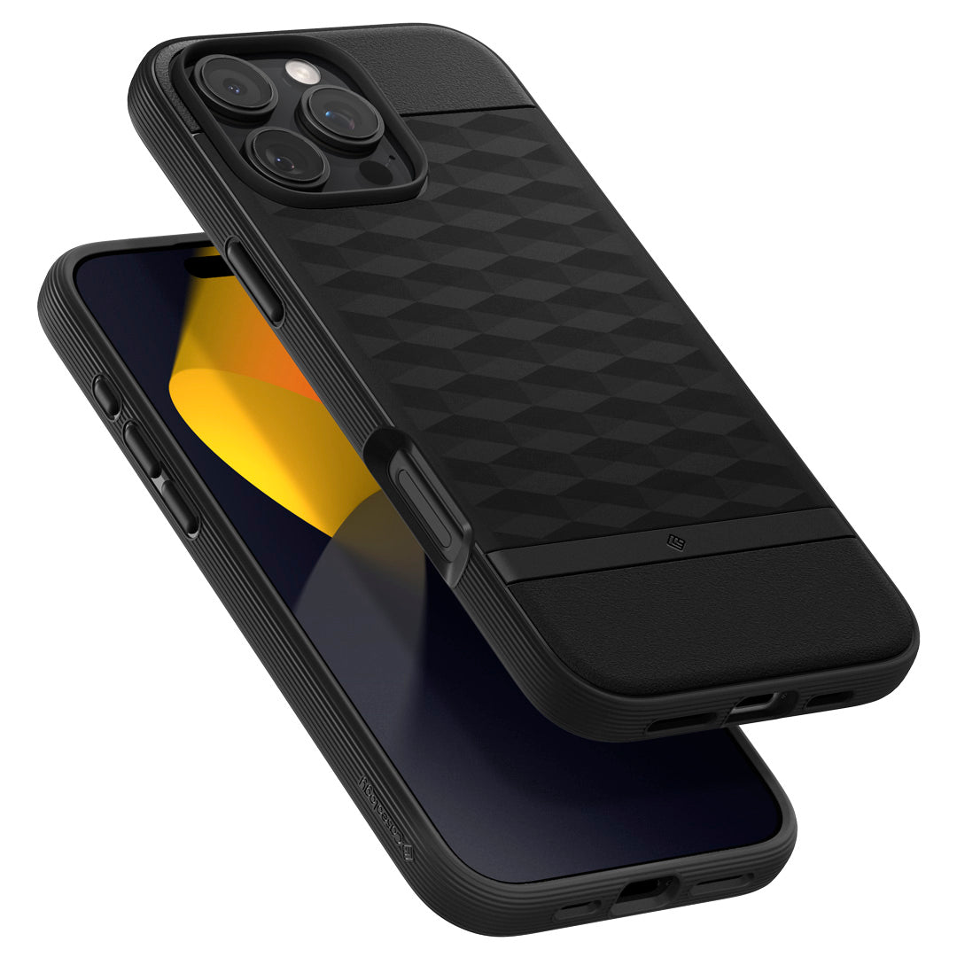 ACS08169 - iPhone 16 Pro Parallax Mag in Black showing the back and front of the case