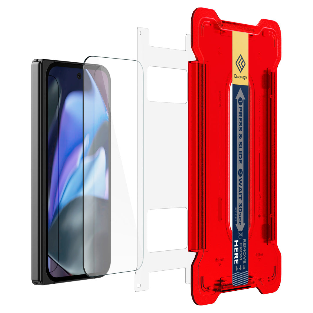 AGL08495 - Google Pixel 9 Pro Fold Snap Fit Glass Screen Protector showing the installation tray, aligned with the screen film, screen protector and the device