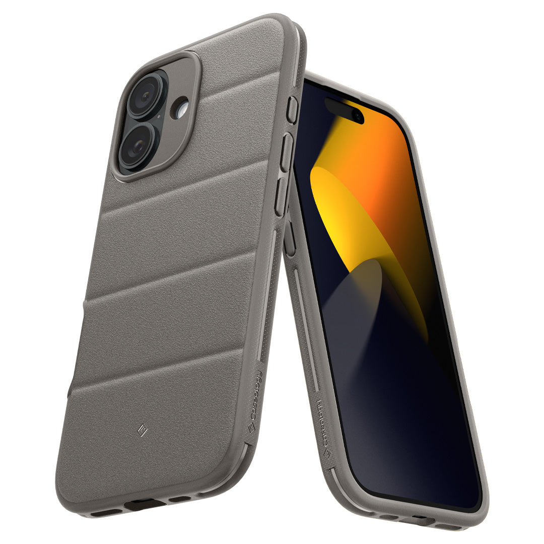 ACS08311 - iPhone 16 Athlex Mag in Grey showing and angled view of the back and front of the case