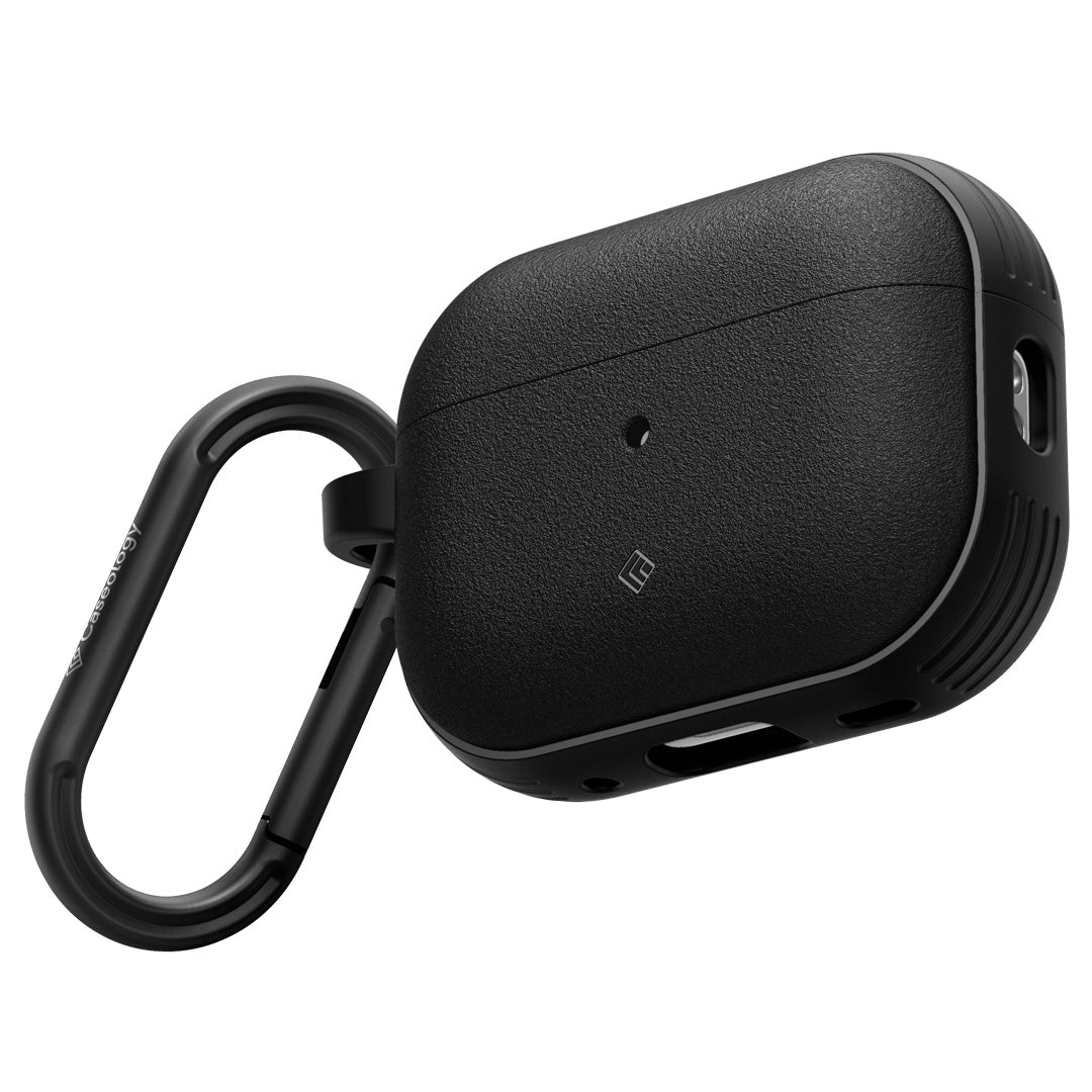 ACS05423 - Airpods Pro (2nd generation) Vault in Matte Black showing the front, partial side and bottom with carabiner attached