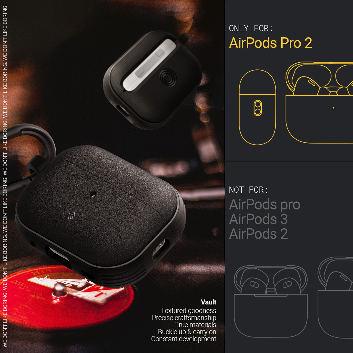 ACS05423 - Airpods Pro (2nd generation) Vault in Matte Black showing compatible for Airpods Pro 2 and Not For Airpods Pro/3/2