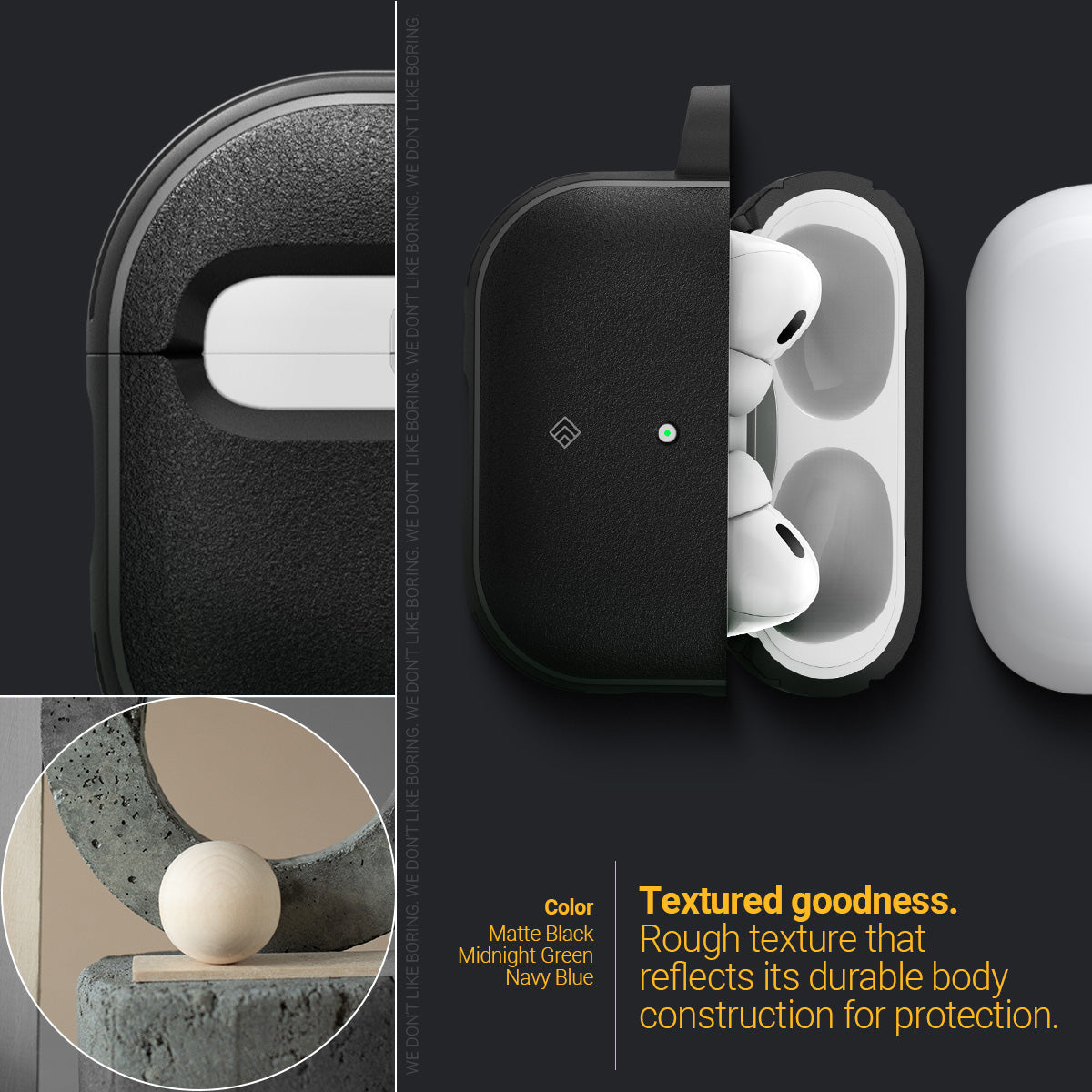 ACS05423 - Airpods Pro (2nd generation) Vault in Matte Black showing the texture goodness, rough texture that reflects its durable body construction for protection