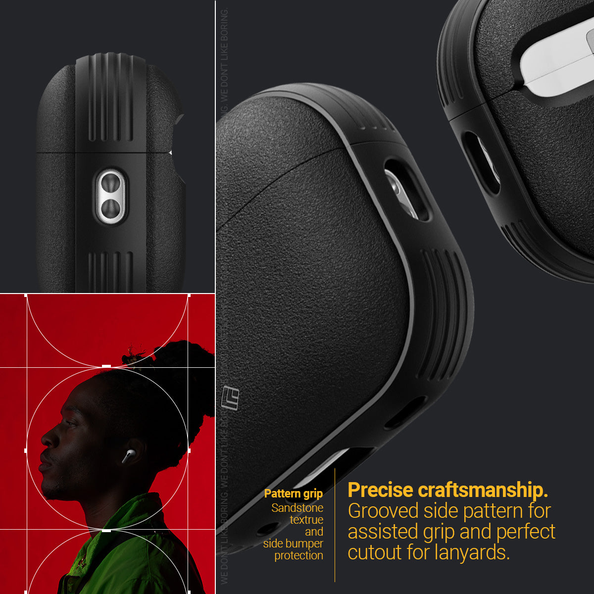 ACS05423 - Airpods Pro (2nd generation) Vault in Matte Black showing the precise craftsmanship, grooved side pattern for assisted grip and perfect cutout for lanyards