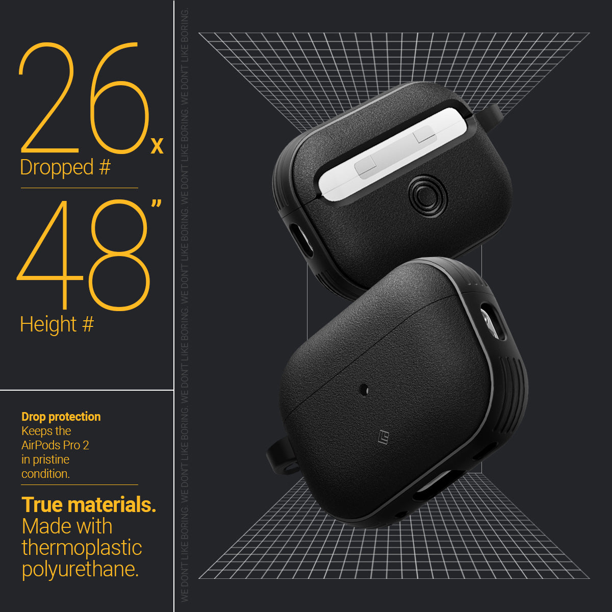 ACS05423 - Airpods Pro (2nd generation) Vault in Matte Black showing the true materials, made with thermoplastic polyurethane with 26x dropped at a height of 48"