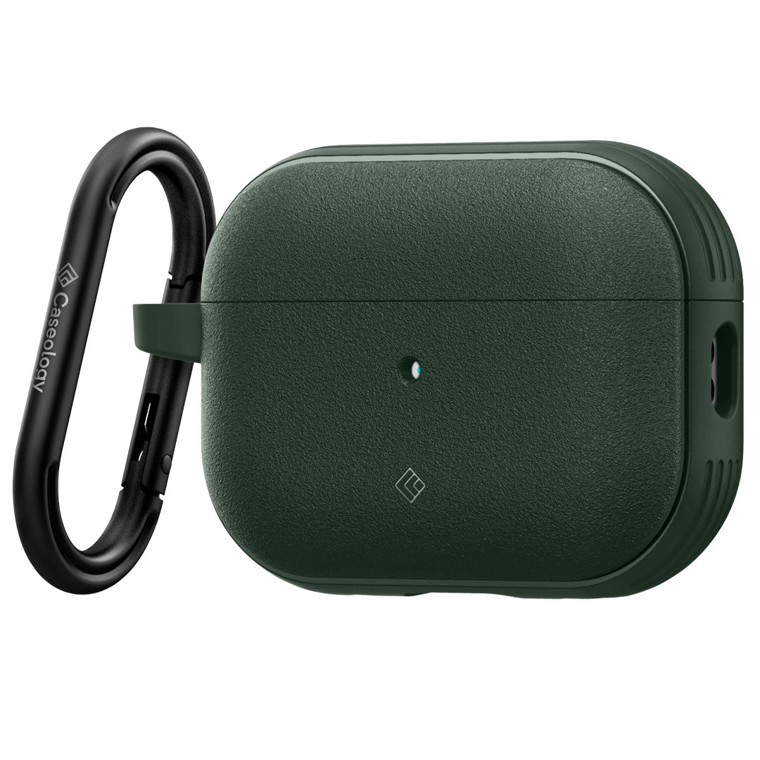 ACS05424 - Airpods Pro (2nd generation) Vault in Midnight Green showing the front and partial side with carabiner attached zoomed in