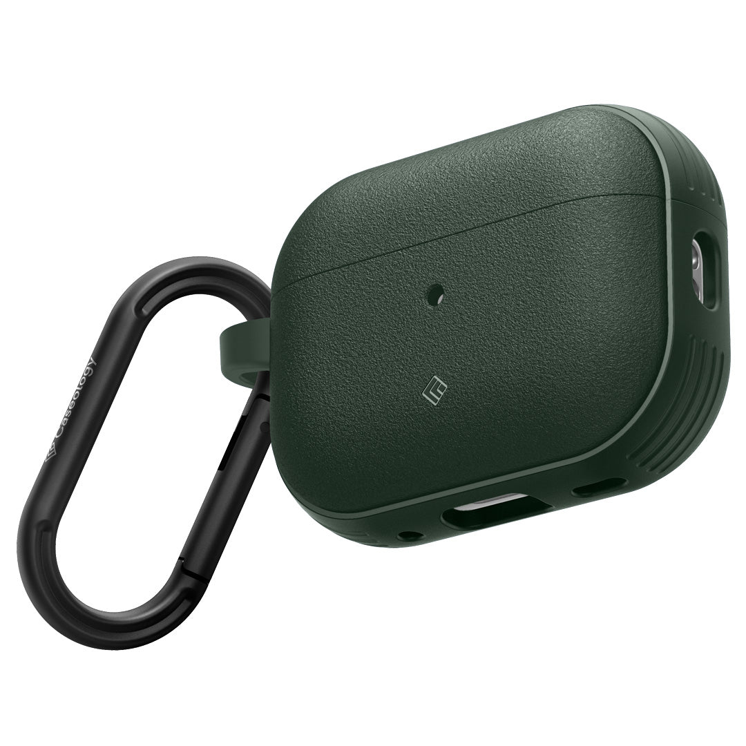 ACS05424 - Airpods Pro (2nd generation) Vault in Midnight Green showing the front, partial side and bottom with carabiner attached