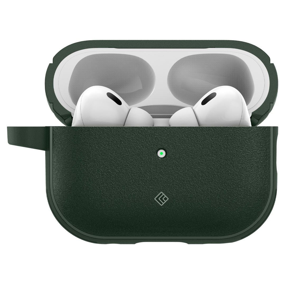 ACS05424 - Airpods Pro (2nd generation) Vault in Midnight Green showing the front with cover fully open