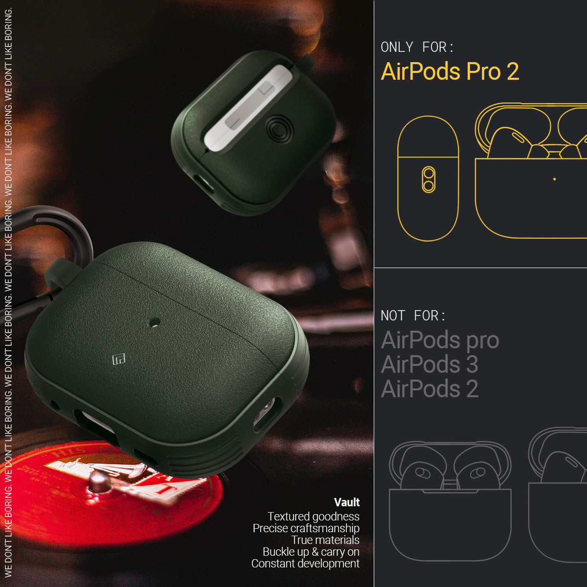 ACS05424 - Airpods Pro (2nd generation) Vault in Midnight Green showing the compatible for Airpods Pro 2 and Not For Airpods Pro/3/2