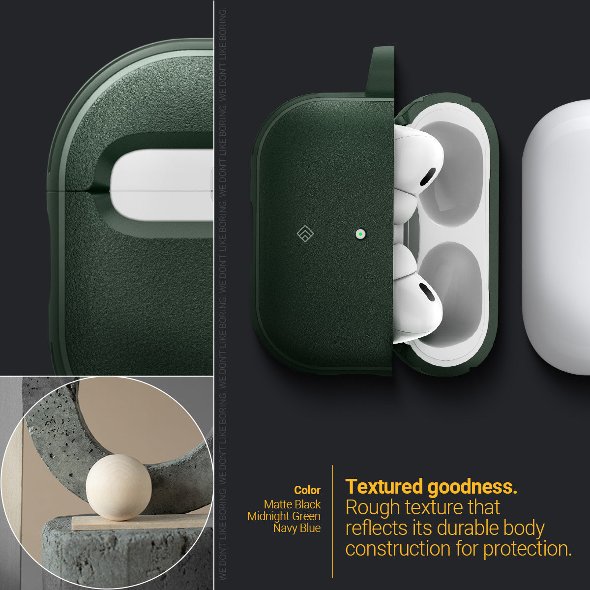 ACS05424 - Airpods Pro (2nd generation) Vault in Midnight Green showing the texture goodness, rough texture that reflects its durable body construction for protection