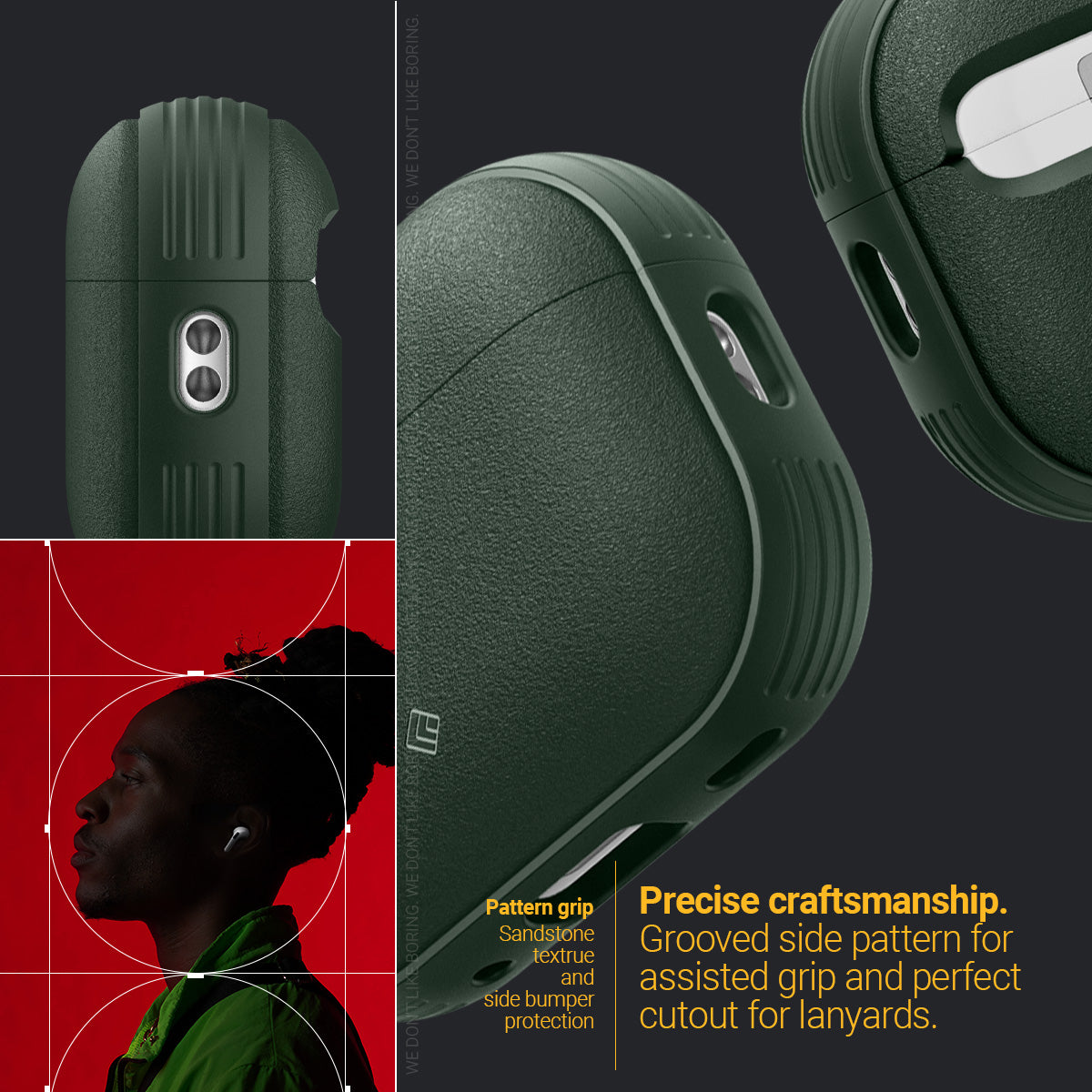 ACS05424 - Airpods Pro (2nd generation) Vault in Midnight Green showing the precise craftsmanship, grooved side pattern for assisted grip and perfect cutout for lanyards