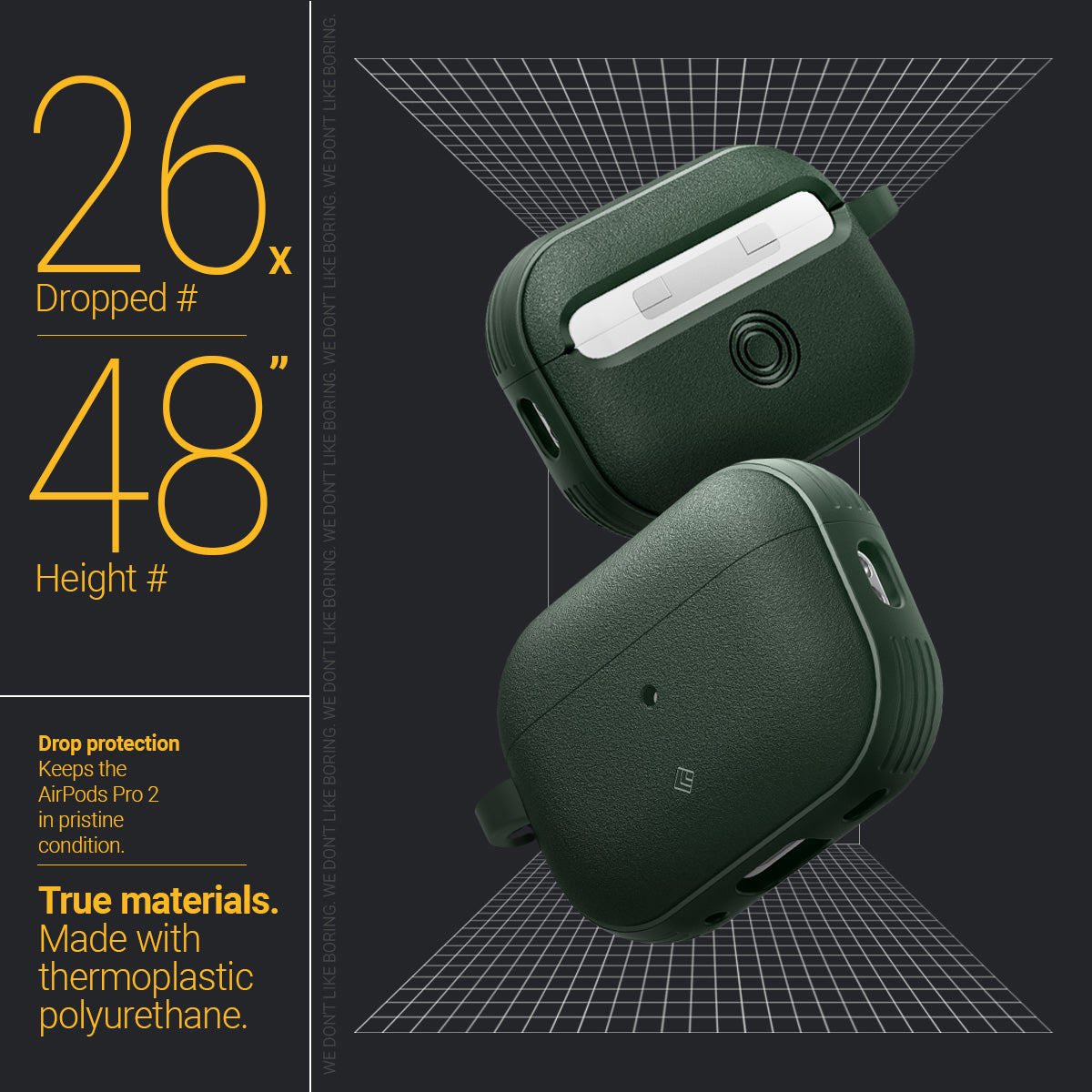 ACS05424 - Airpods Pro (2nd generation) Vault in Midnight Green showing the true materials, made with thermoplastic polyurethane with 26x dropped at a height of 48"