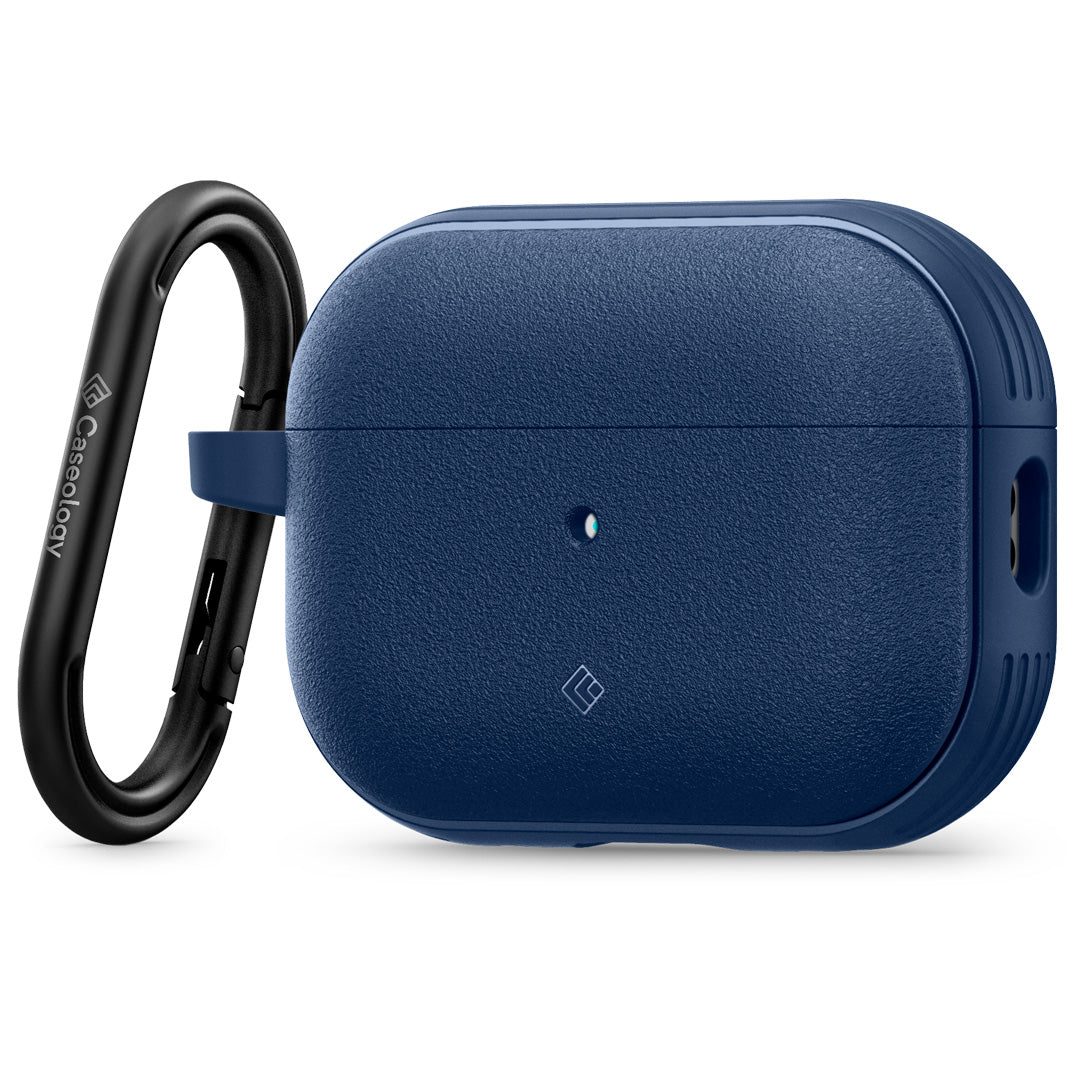 ACS05425 - Airpods Pro (2nd generation) Vault in Navy Blue showing the front and partial side with carabiner attached zoomed in