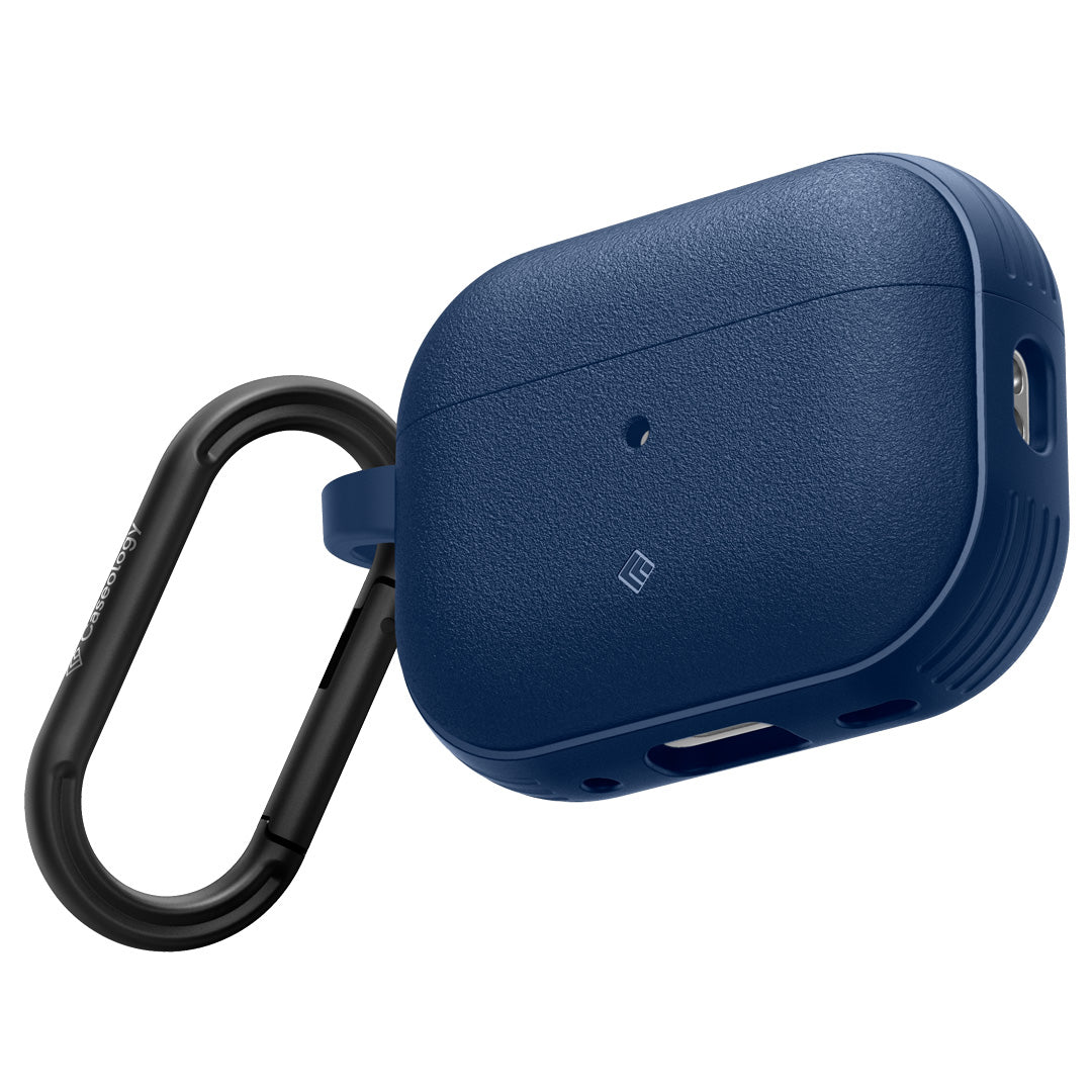 ACS05425 - Airpods Pro (2nd generation) Vault in Navy Blue showing the front, partial side and bottom with carabiner attached