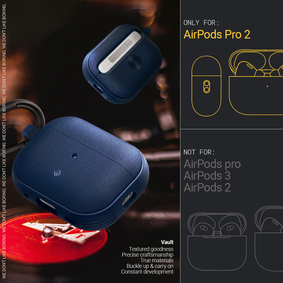 ACS05425 - Airpods Pro (2nd generation) Vault in Navy Blue showing the compatible for Airpods Pro 2 and Not For Airpods Pro/3/2