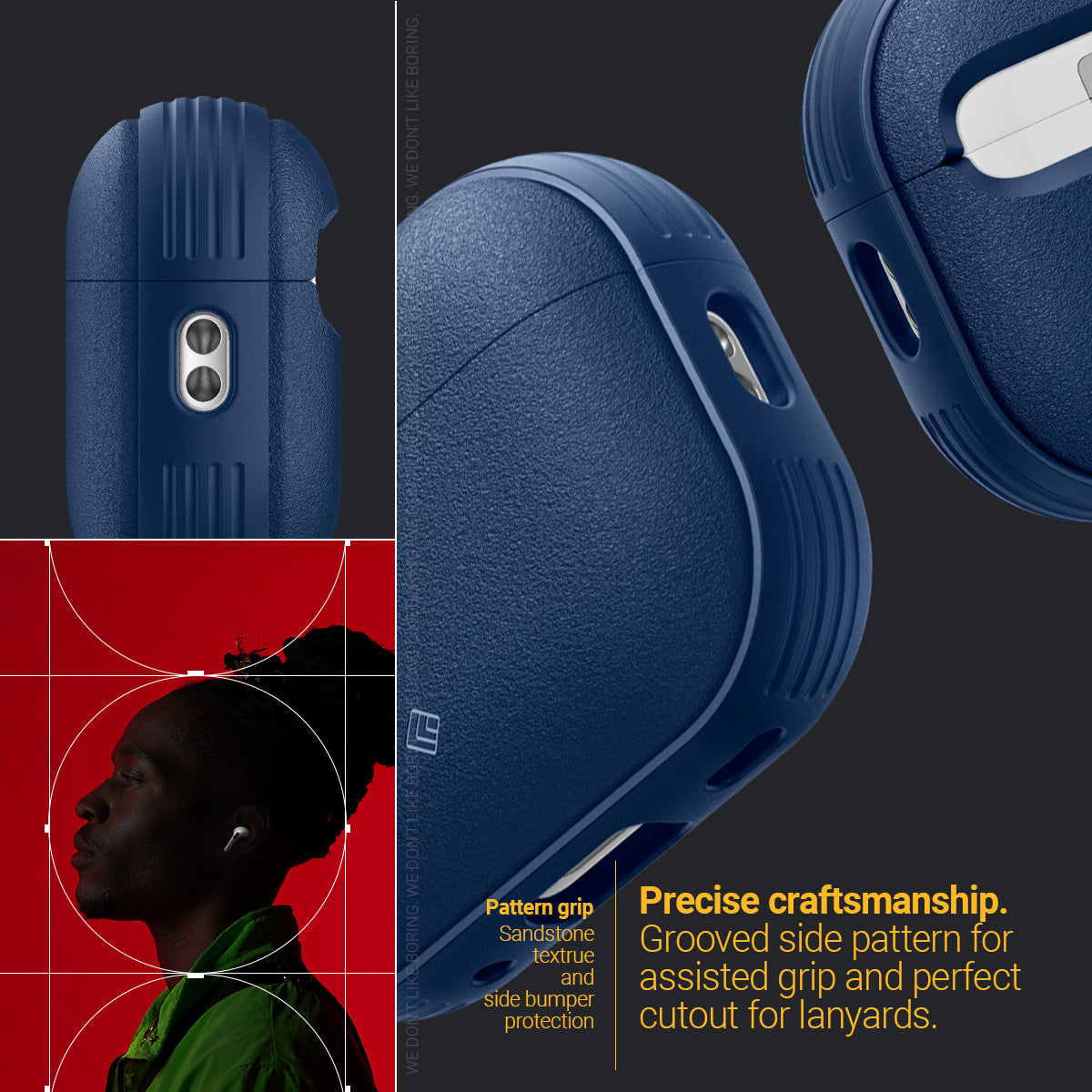 ACS05425 - Airpods Pro (2nd generation) Vault in Navy Blue showing the precise craftsmanship, grooved side pattern for assisted grip and perfect cutout for lanyards