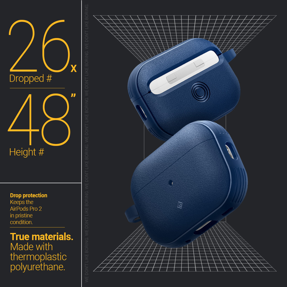 ACS05425 - Airpods Pro (2nd generation) Vault in Navy Blue showing the true materials, made with thermoplastic polyurethane with 26x dropped at a height of 48"