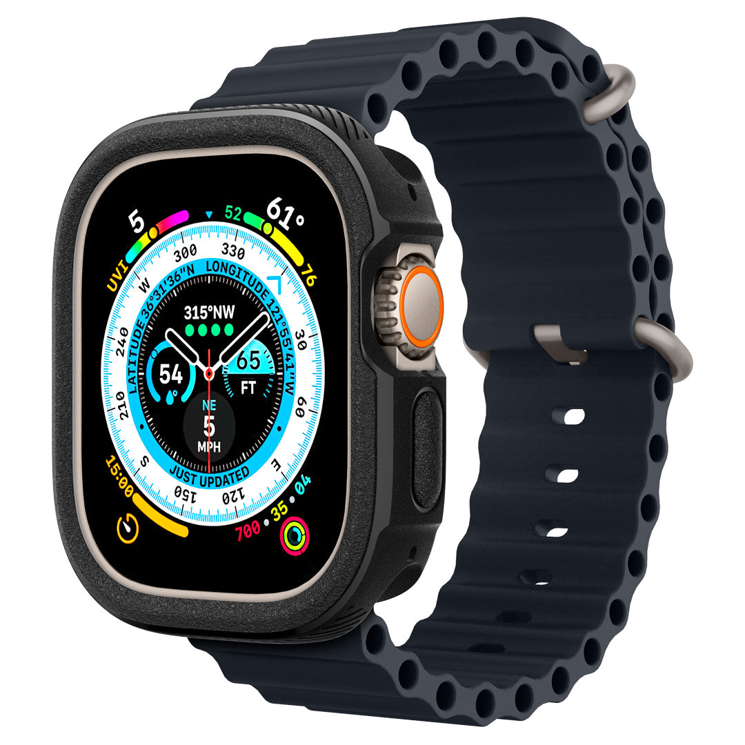 ACS05464 - Apple Watch Ultra (49mm) Vault  in Matte Black showing the front, partial side, partial inner side and bottom of the band