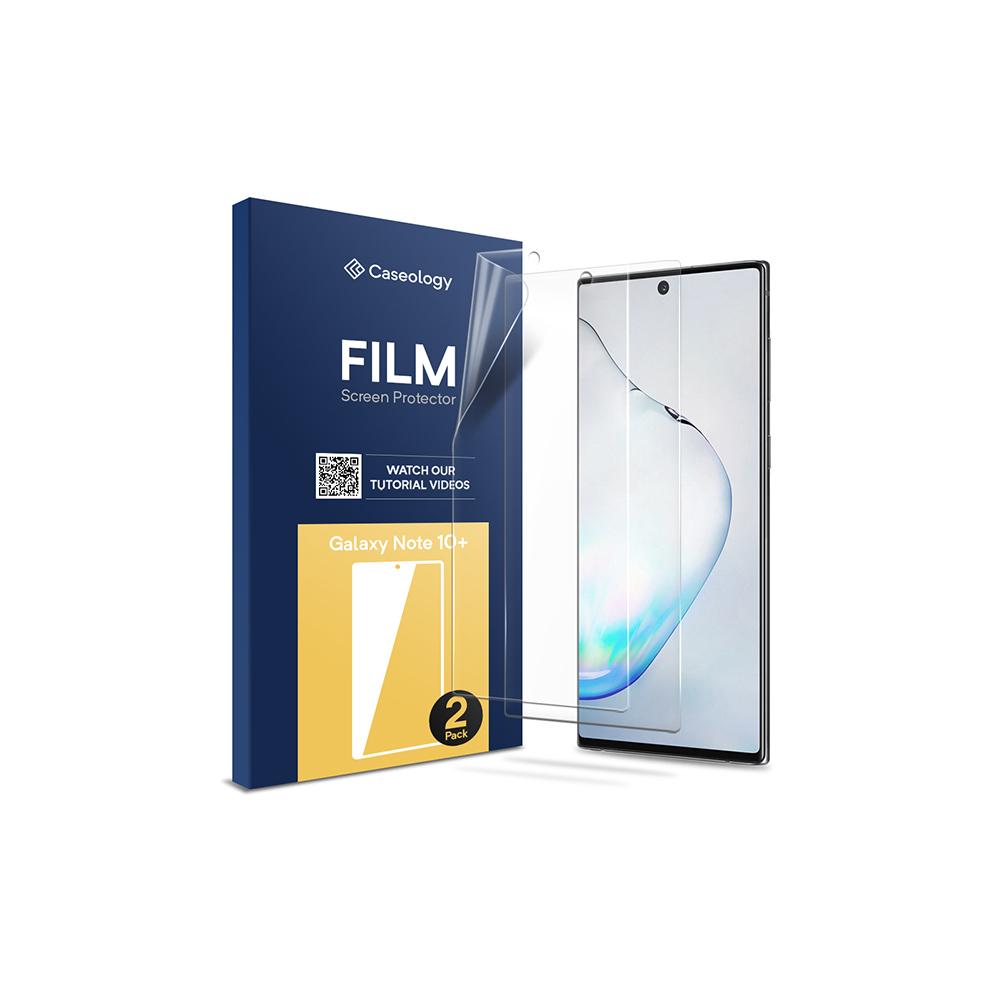 AFL00187 - Note 10 Plus Film Screen Protector showing the protector hovering over the phone with the packaging on the left