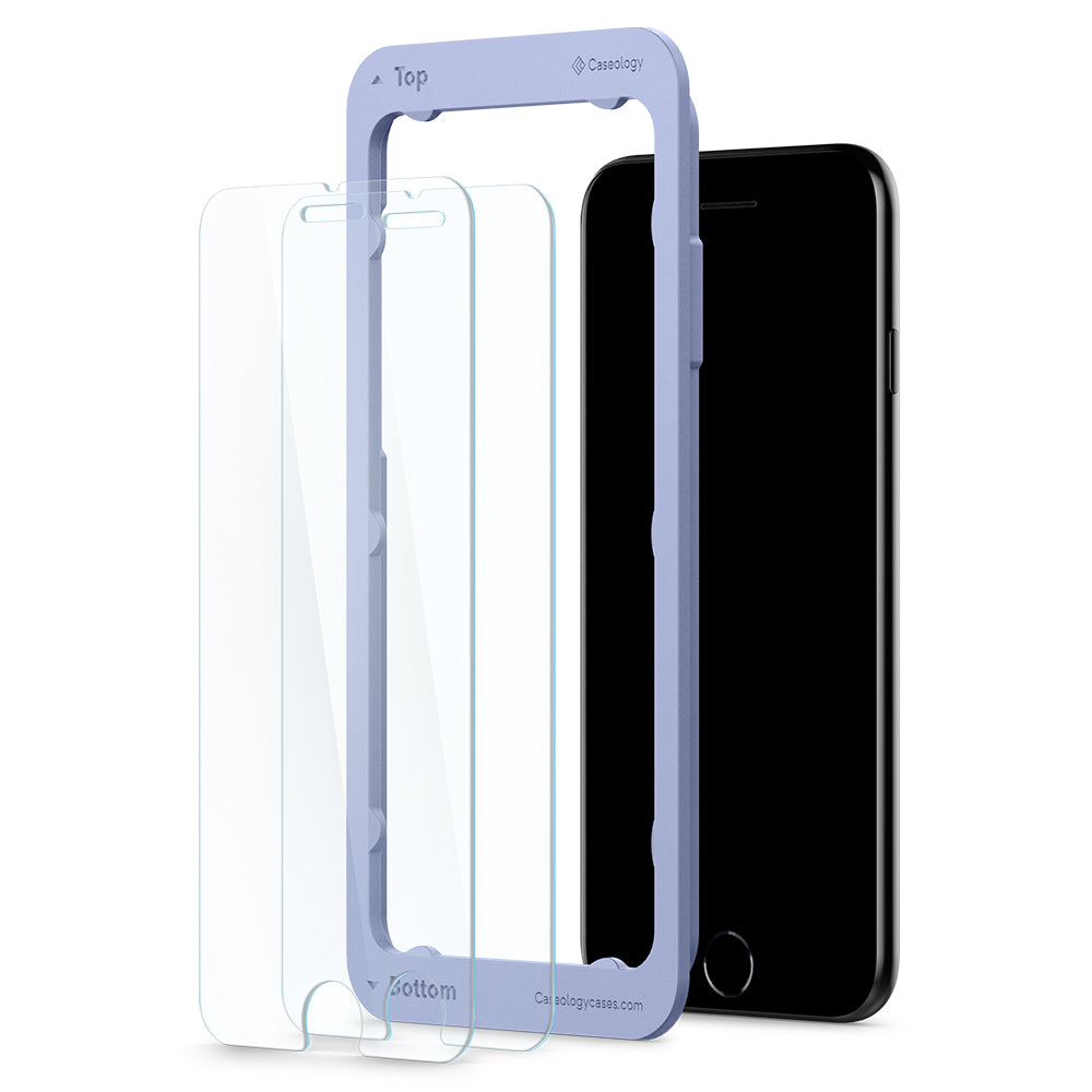 AGL01004 - iPhone 8/7 Glass Screen Protector (v.2) showing the screen protectors (2pcs) hovering in front of the alignment tray and iPhone standing upright