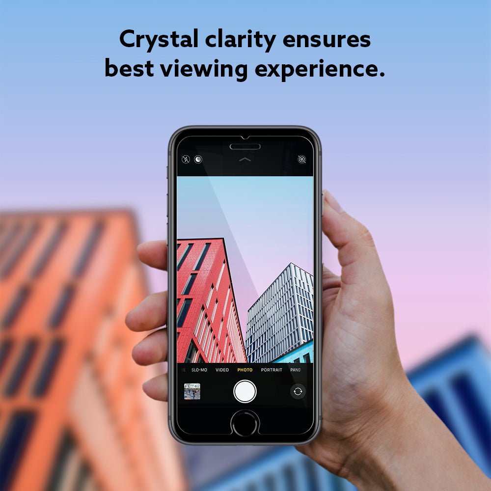 AGL01004 - iPhone 8/7 Glass Screen Protector (v.2) showing the crystal clarity of the protector and how it ensures the best viewing experience with the iPhone in the photo app showing two buildings and the blue sky