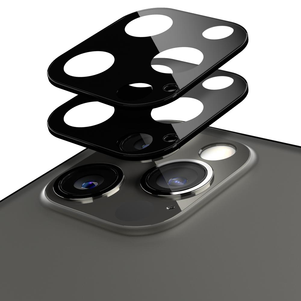 AGL01799 - iPhone 12 Pro Max Lens Protector in Black showing the 2 screen protectors hovering in front of the device