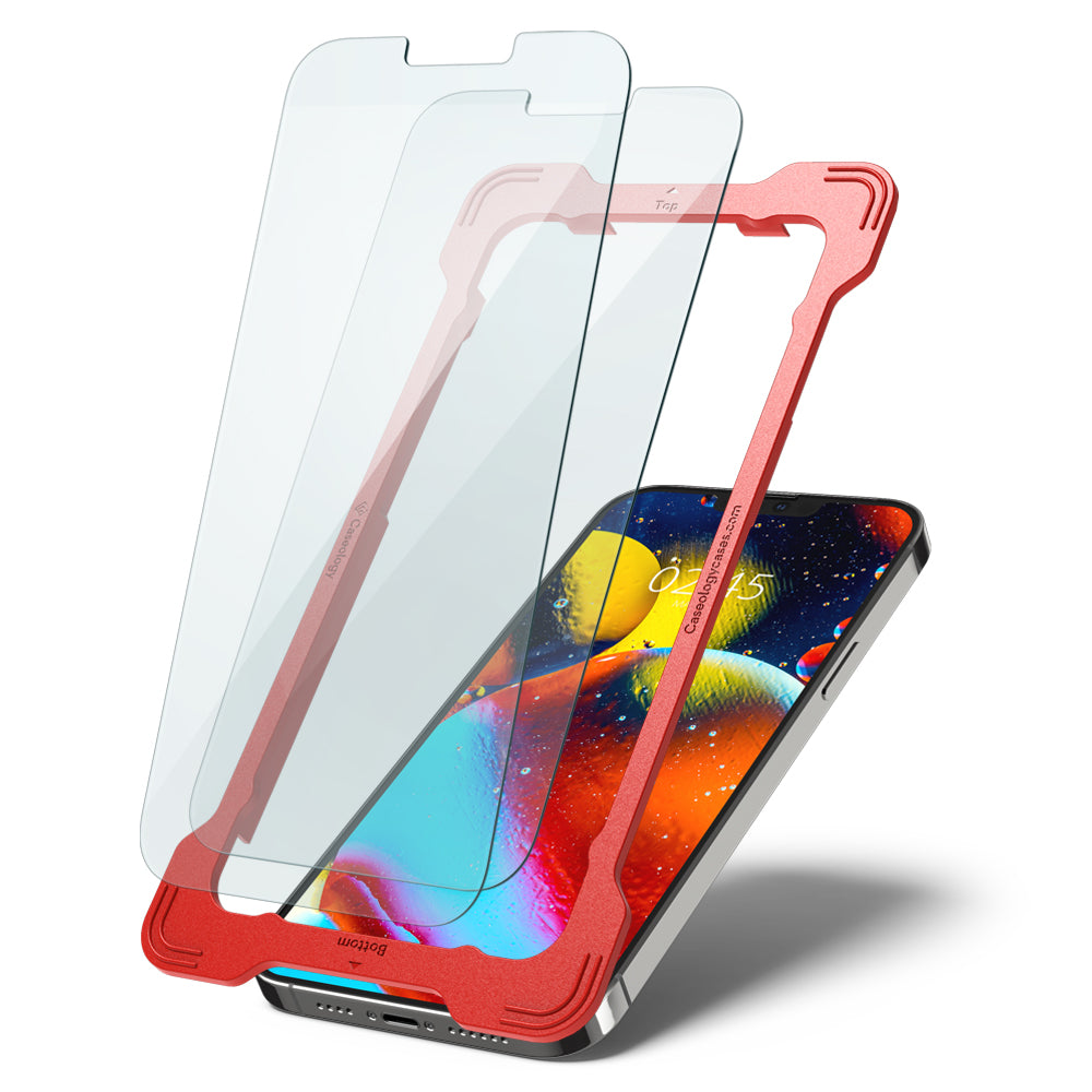 AGL03414 - iPhone 14 Plus / 13 Pro Max Snap Fit (2P) in Clear showing the 2 screen protectors partially hovering in front of alignment tray and the device