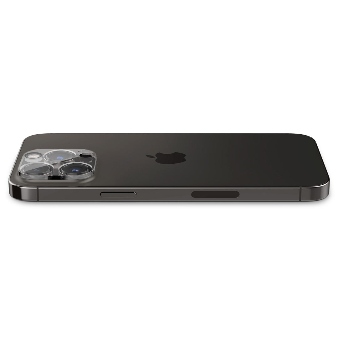 AGL05226 - iPhone 14 Pro Max Optik in Crystal Clear showing the back, side and lens camera with lens protector installed