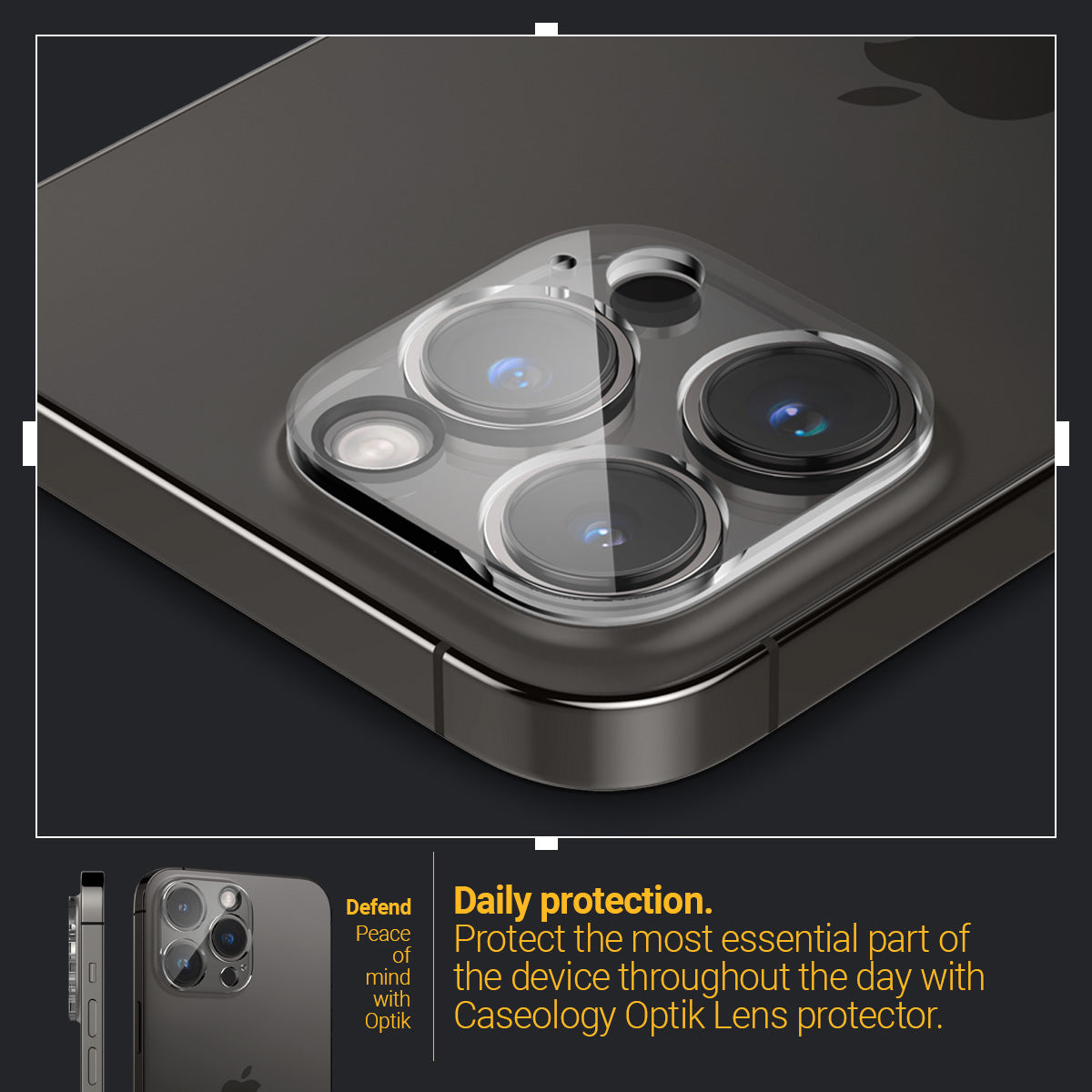 AGL05226 - iPhone 14 Pro Max Optik in Crystal Clear showing the daily protection, protect the most essential part of the device throughout the day with Caseology Optik Lens protector