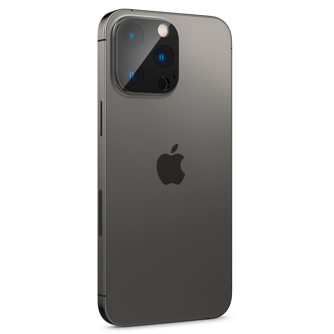 AGL05292 - iPhone 14 Pro Max Optik in Black showing the back, partial side of the device with lens protector installed