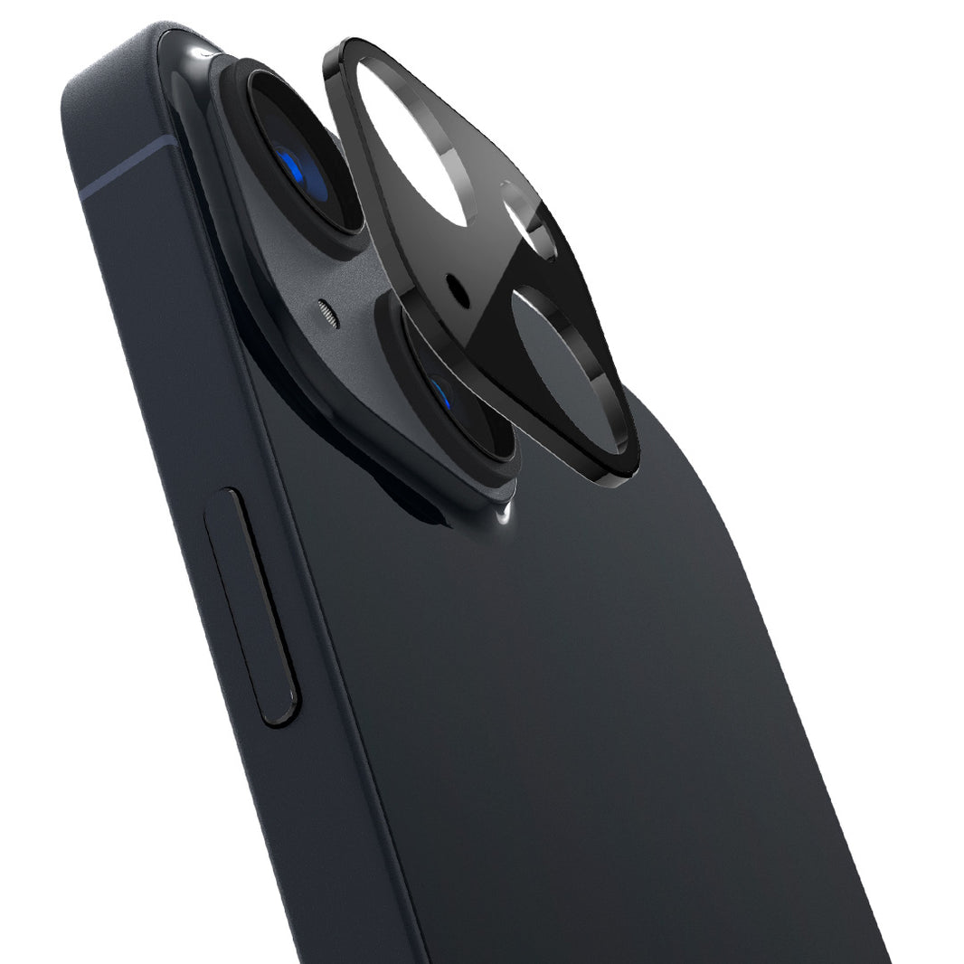 AGL05293 - iPhone 14 Camera Lens (2 Pack) Optik in Black showing the the 2 lens protector hovering in front of the device